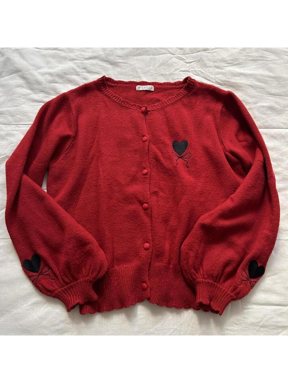 Y2K Axes Femme Red Heart Embroidered Puff Sleeve Cardigan Himekaji M Japan